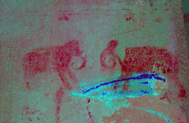 The faded mural paintings have been digitally enhanced - decorrelation stretch analysis - to show images of deities, people and animals.