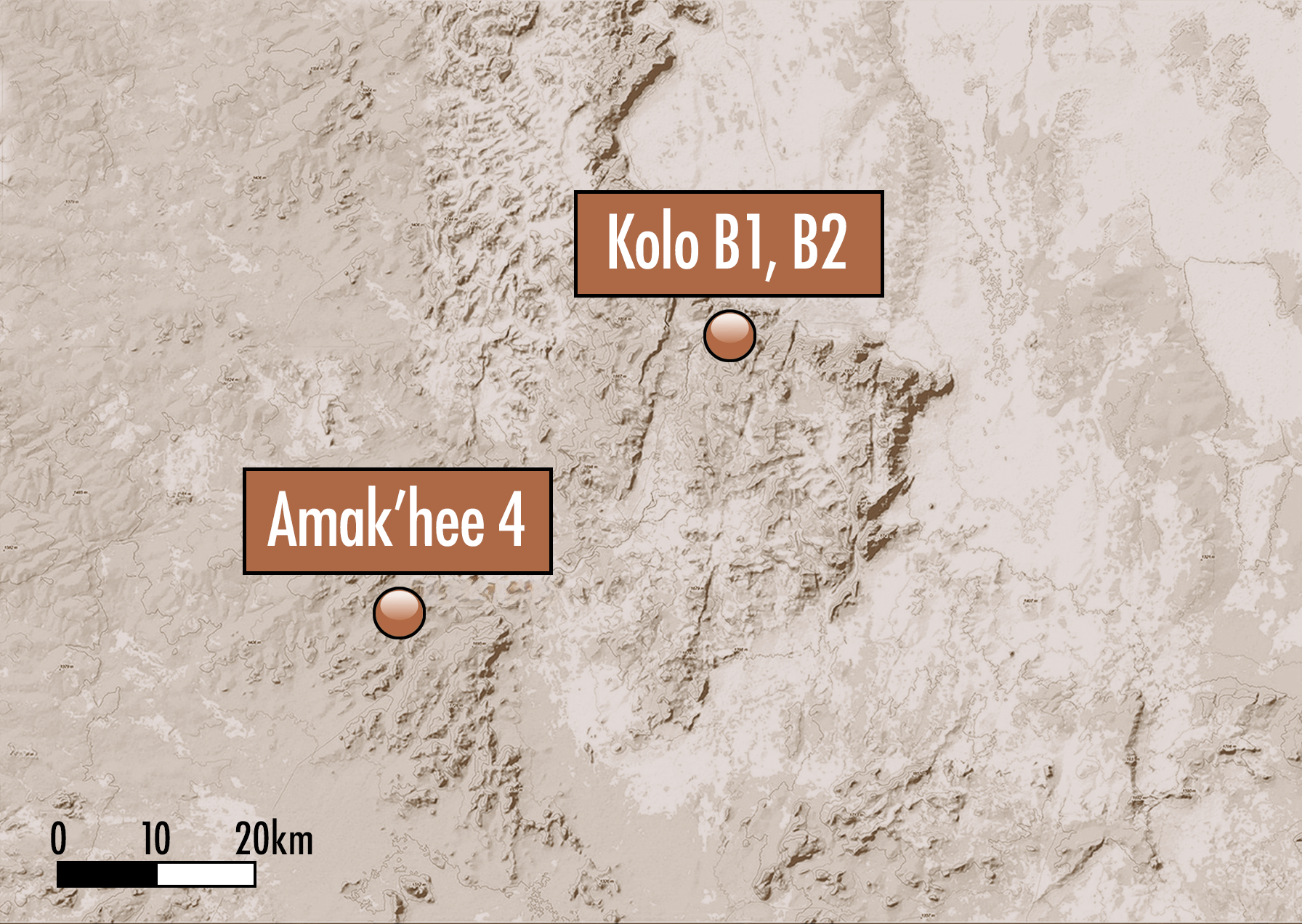 Map showing the locations of Amak'hee 4 and Kolo B1 and B2 rock art sites in Tanzania