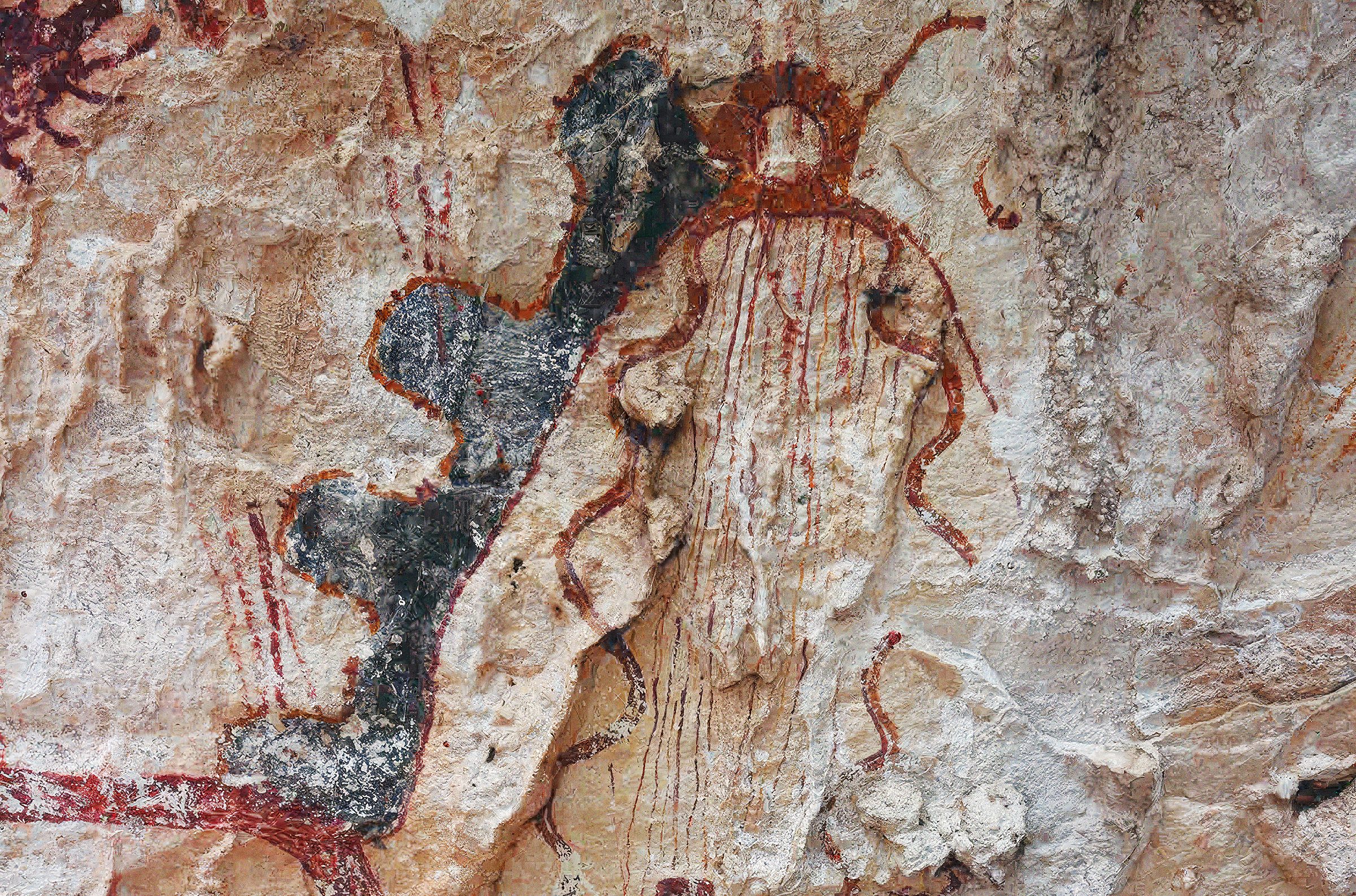 Serpentine arches with openings in the middle graphically represent the primordial birthplace. At Cedar Springs, the artist used color and line to show movement through the portal