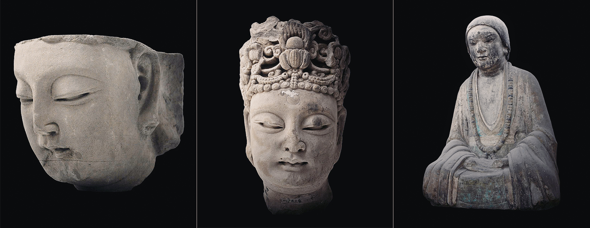 Head of a bodhisattva Head of Vairocana Buddha A meditating monk perhaps Zhao Zhifeng Dazu Song dynasty Rock Art Carvings Dazu China
