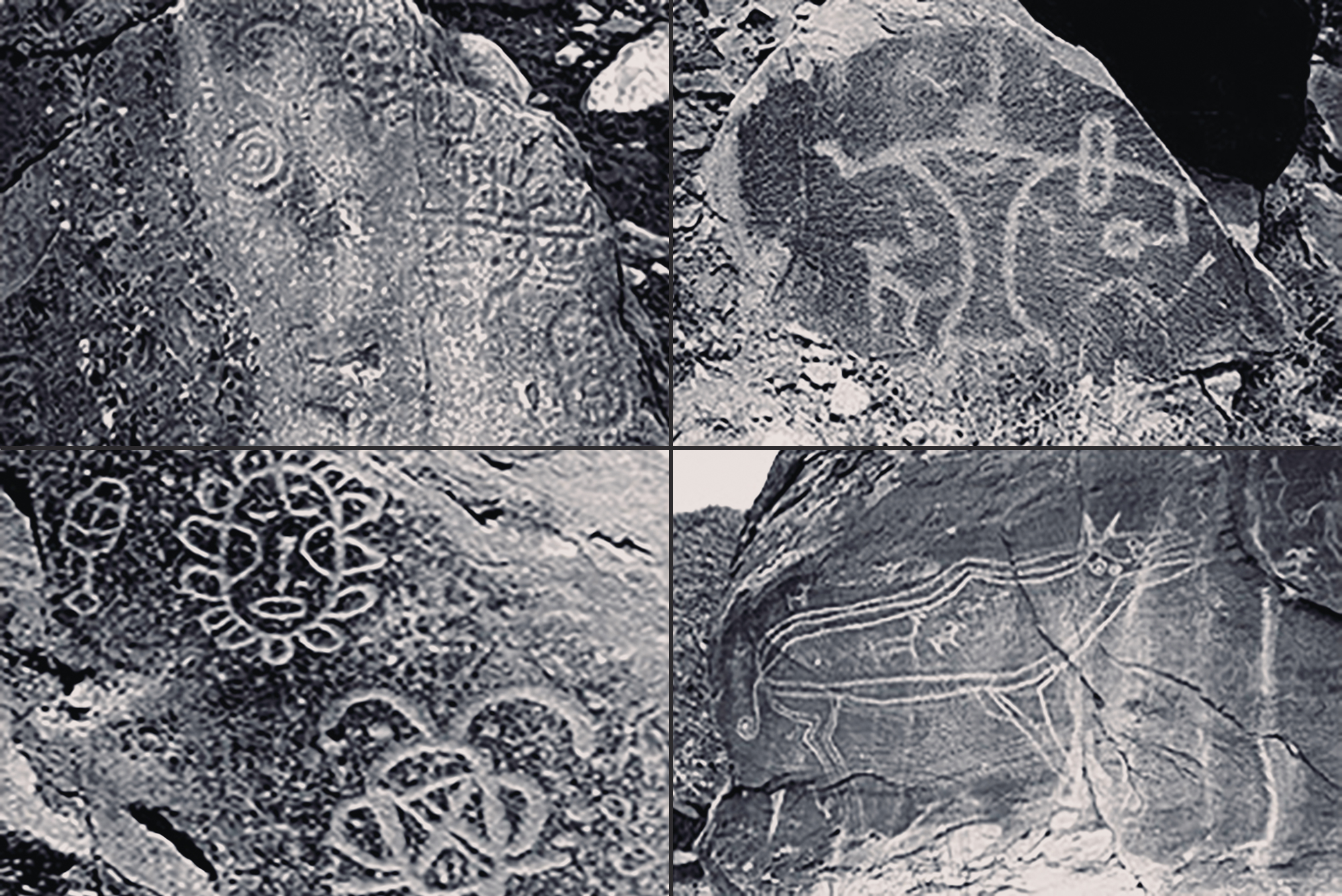 Double circles and Masks with radiating headdresses Hunting Scene Suyukou Petroglyph of masks Life size bovine, Huihui Ditch.