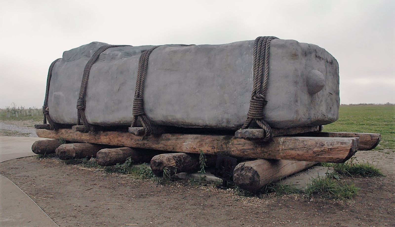 A reconstruction of the stones being moved at Stonehenge