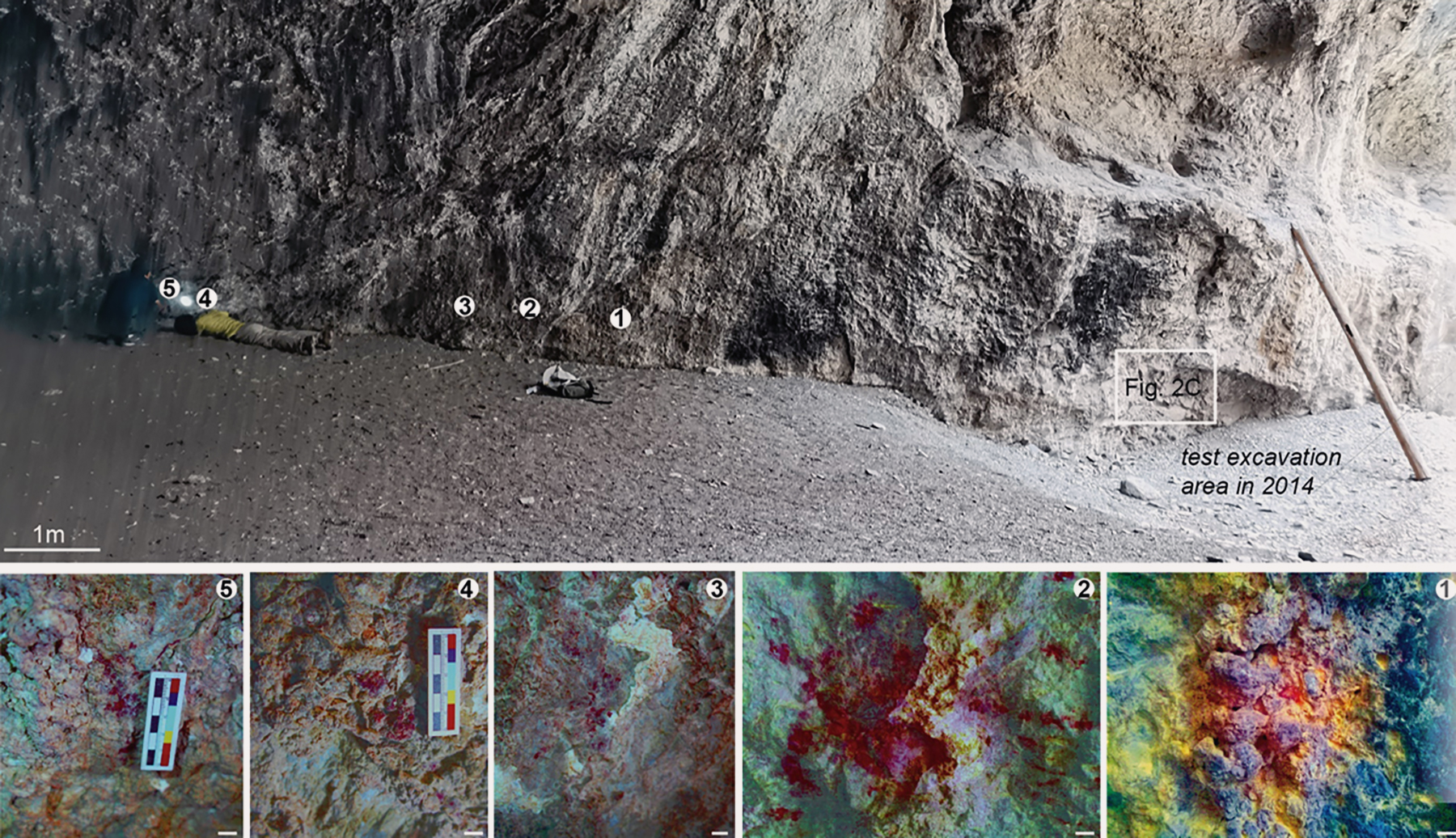 Sampling speleothems in Wanrendong Cave for U-series dating of rock paintings (upper), and digitally enhanced photos showing the red paintings at the sampling locations (lower). The scale bar indicates, respectively, 1 m and 1 cm in the upper and lower photos