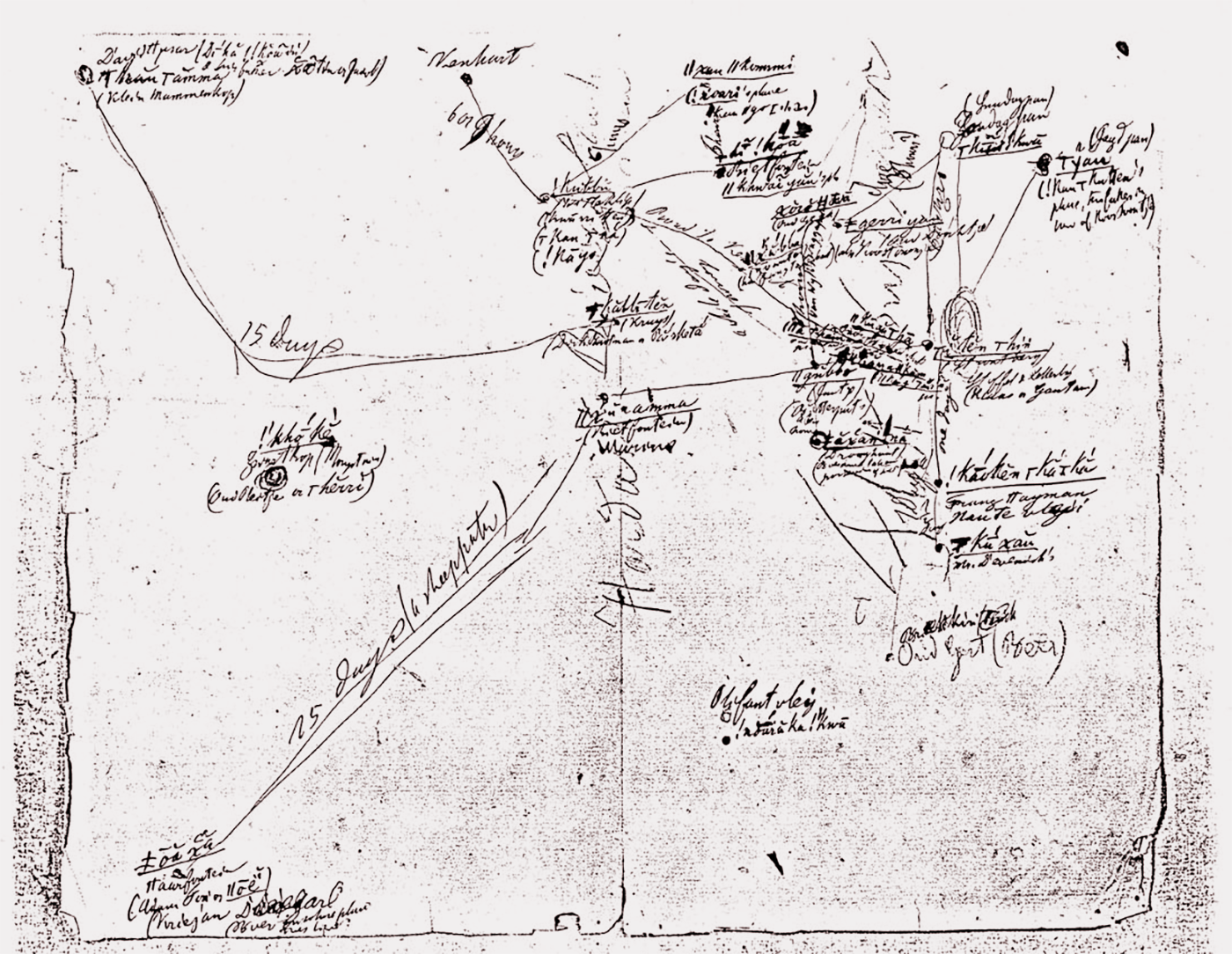 The map drawn in 1870 by Wilhelm Bleek with information from ǁkabbo about his home territory. The town of Kenhardt is at the top, left of centre