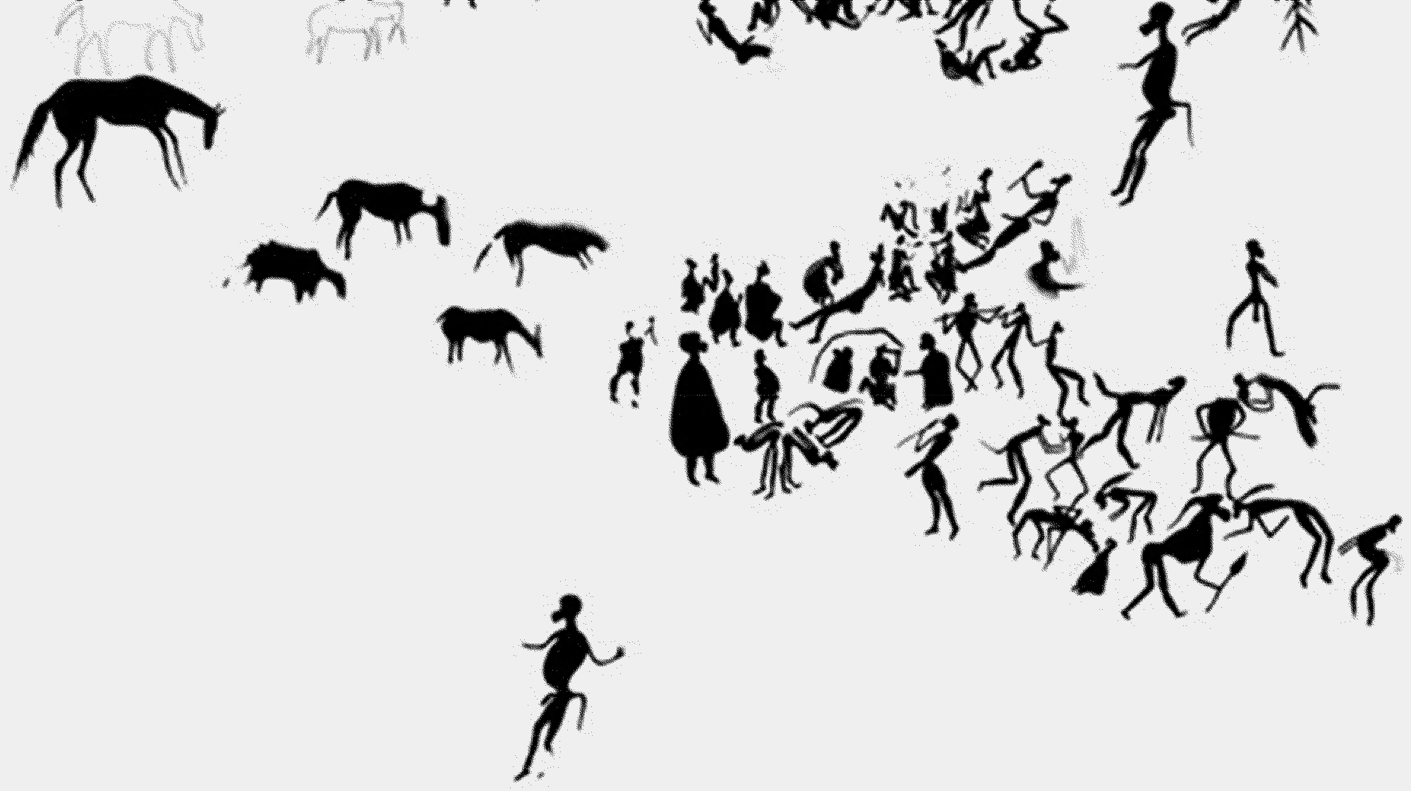 Re-drawing from tracing of a ‘horse site dancing group’ in the Maloti-Drakensberg. Humans in various stages of transformation ‘take on’ the qualities of baboons. Colonial-era sources point  to their integration of baboon abilities, alongside a social position that mimicked the position of baboons relative to human communities. Thus, as the AmaTola raiders aligned their behaviours  and capabilities to baboons, so did they literally and figuratively become them (after Challis 2012)