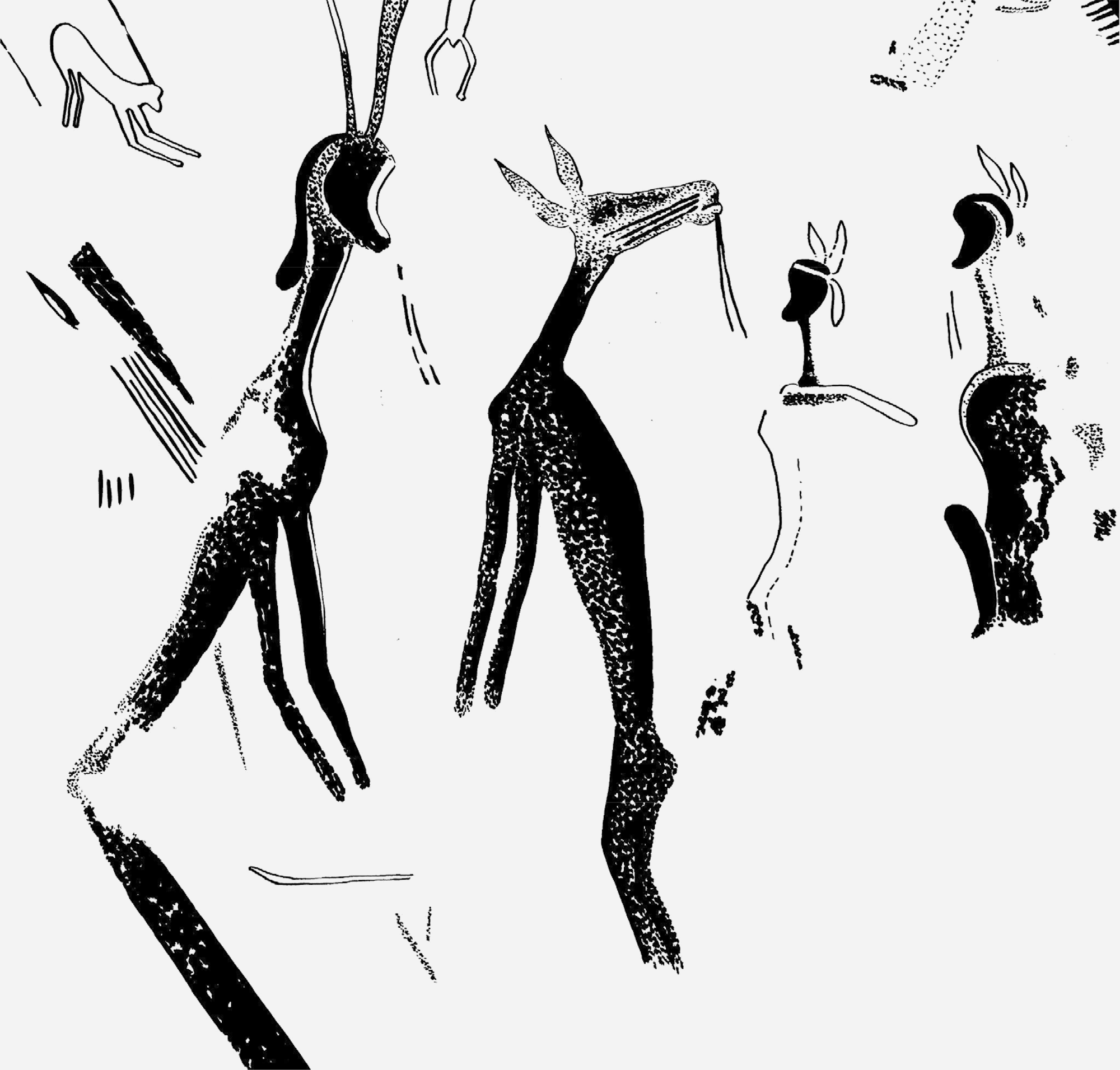 Trance dancers in transformation bleed from the nose, owing to purposeful hyperventi- lation. One takes on rhebok antelope form, while others wear rhebok-eared caps. KwaZulu-Natal
