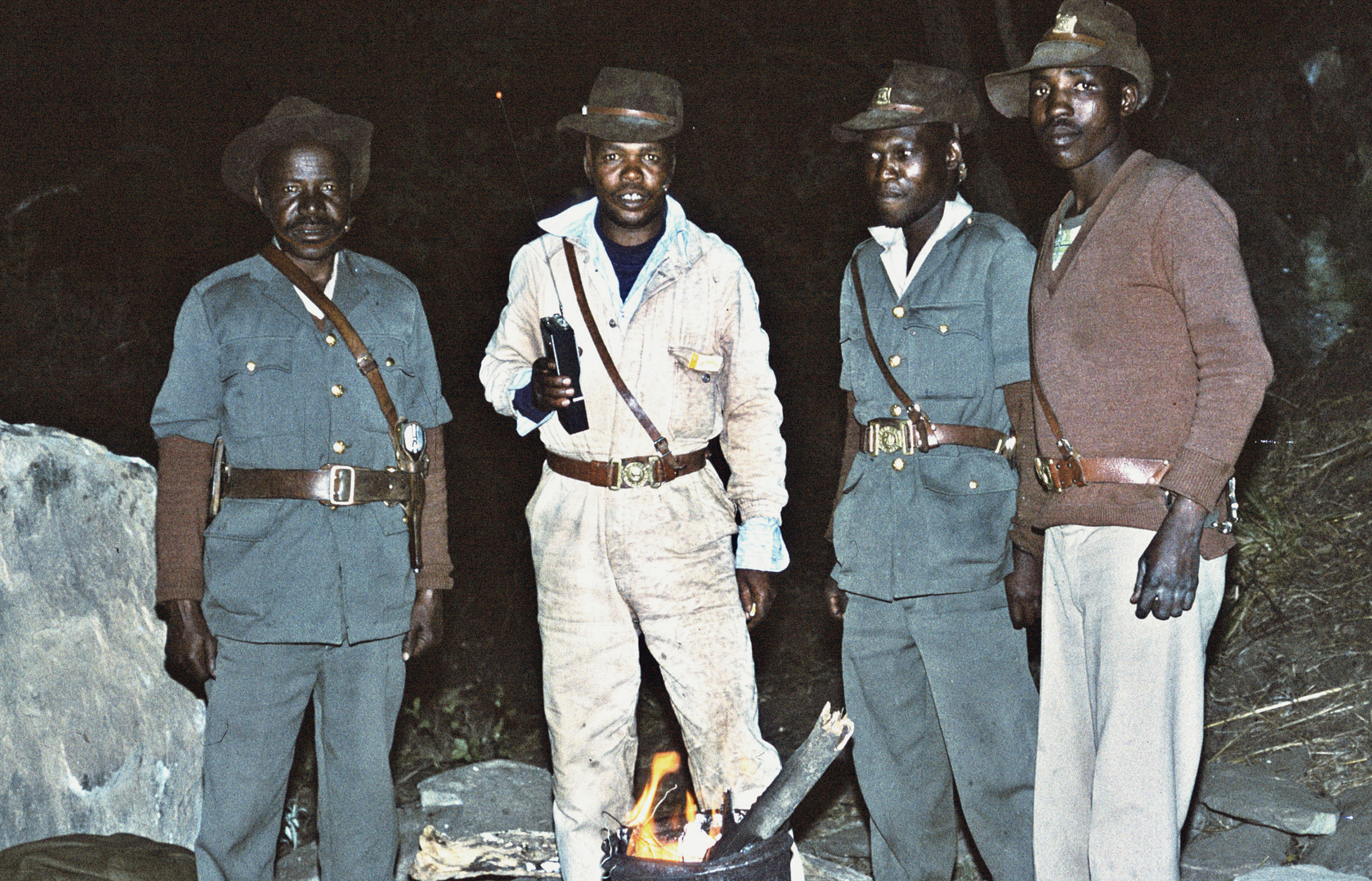 Forest guards in Gxalingenwa Cave, Cobham. From left: Sixtus Dlamini, Petrus Ndlovu, Albert Ntuli and Martin Gumede, August 1980