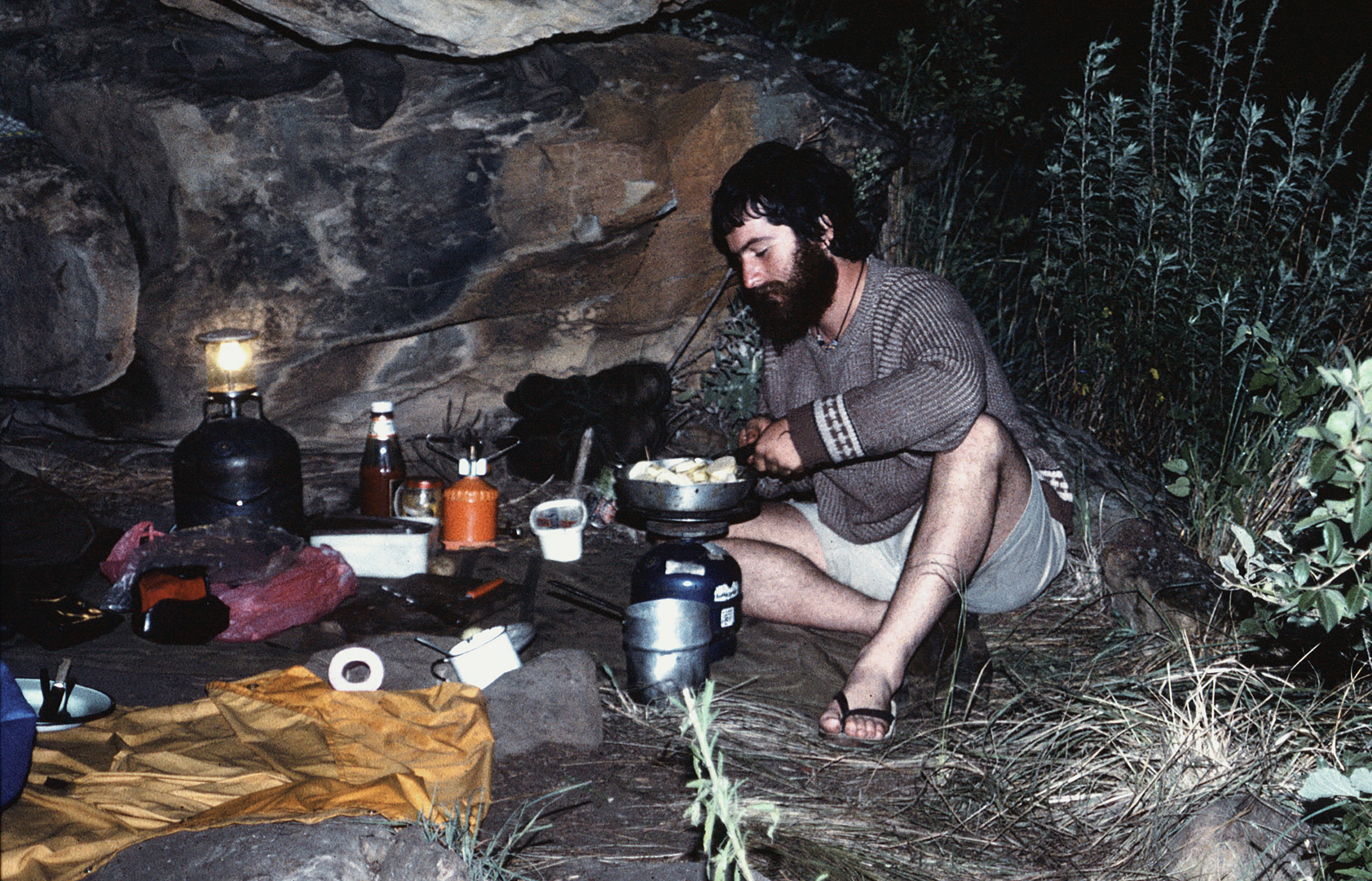 Aron Mazel camping in Eagles Krantz Shelter, Mkhomazi, March 1980 (Photo: Andrew Schofield)