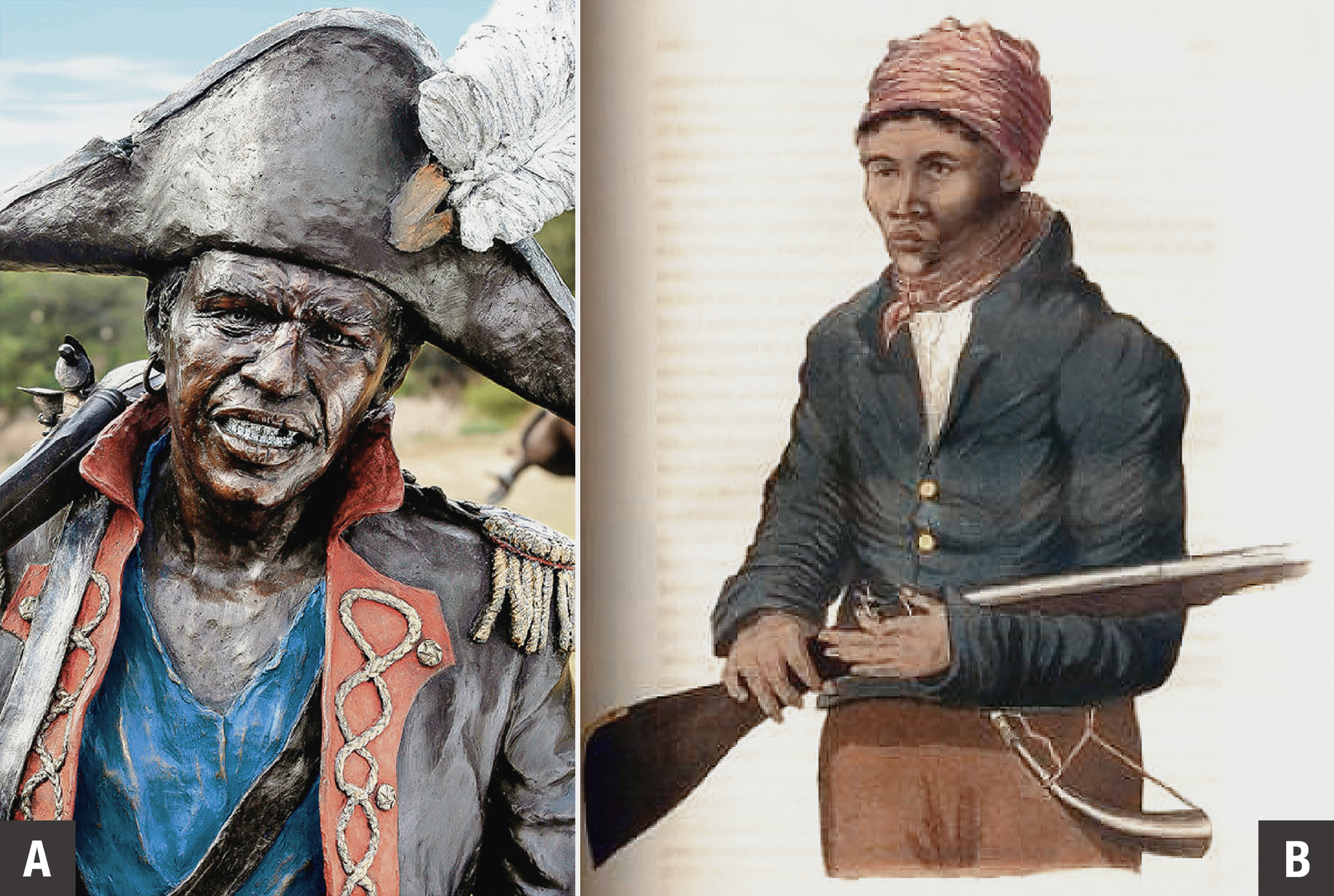 Two representations of oppressed individuals in the Cape Colony: (a) Louis van Mauritius, who led a rebellion of 300 slaves in the Cape in 1808, is shown here in the National Heritage Monument sculpture The Long March to Freedom. Reproduced with permission of the artist Barry Jackson and the National Heritage Project Company; (b) ‘Portrait of Júli, a Faithful Hottentot’ by William Burchell (1822: 160)