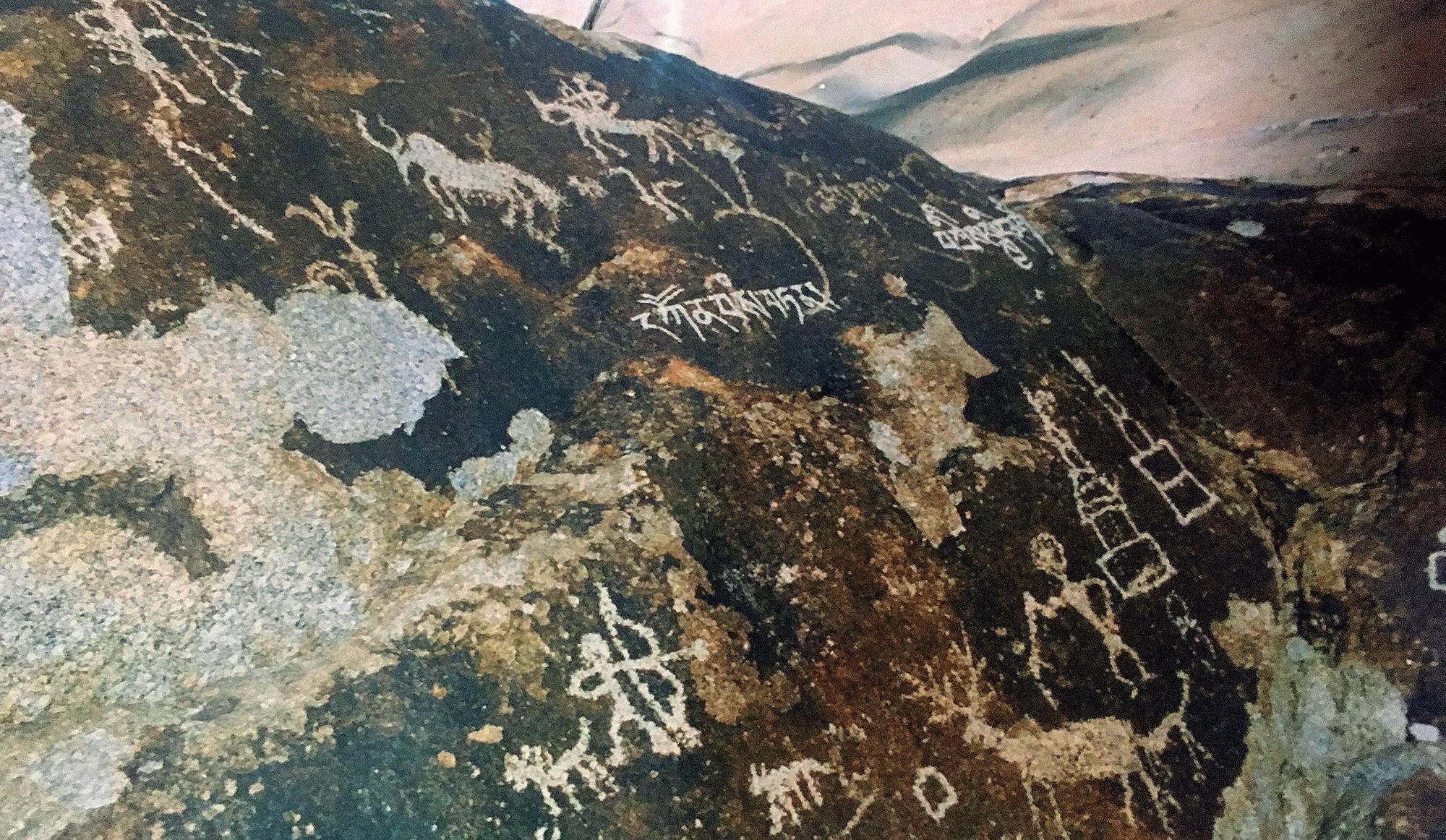 A big rock engraved with diverse motifs from different periods. The earliest ones nearly disappear under patina but the later ones are visible with some superimpositions. Such as yak, stag, sheep, hunters with bow and arrow, horse rider, trident, chortans/stupa and also script.