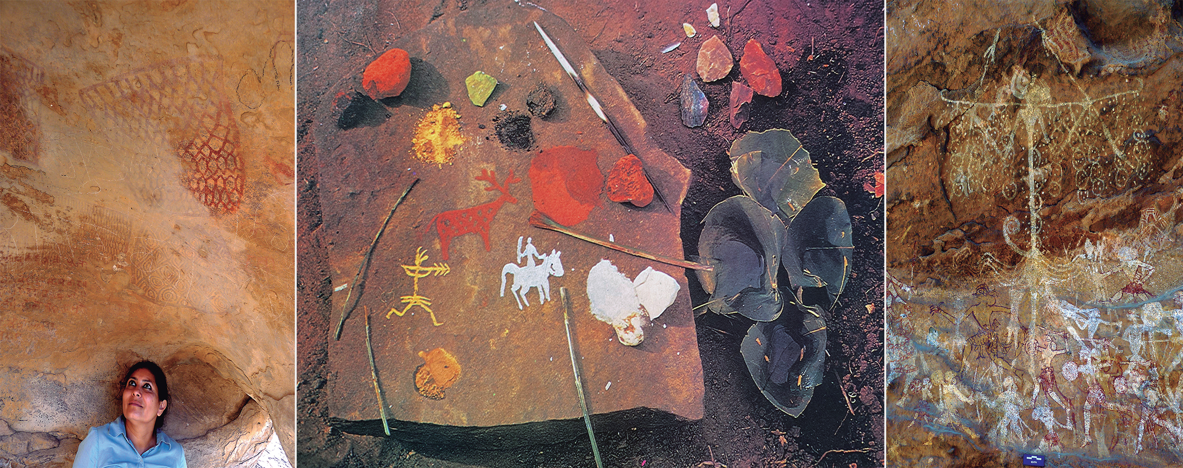 (left) Representation of geometric signs. (centre) Red, yellow, white, black and green colors nodules. Leaves bowls to keep water for mixing color. Bamboo brush and porcupine quills. (right) This long image is probably a masked shaman painted with white clay and brush, holding a long stick on his shoulders and arrows in his hands with a number of circles or symbolic skulls hanging to it. There could be tiny dots inside the circles that have been made with porcupine quills. Below his legs, there are a number of warriors holding swords, shields and arches that have been made in a bichrome color scheme: body filled with white or yellow and outlined with red.