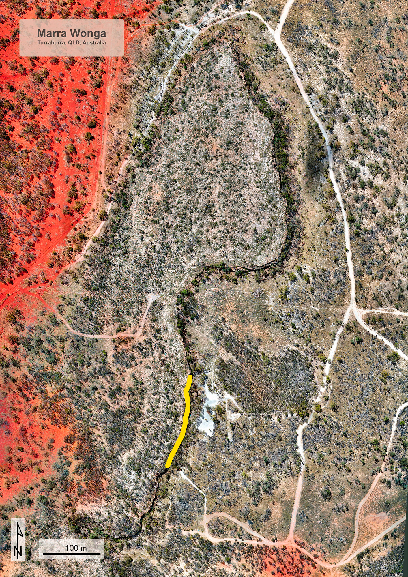 Orthomosaic of Marra Wonga (Gracevale rock art site) created from drone images with yellow line 162 metres in length (straight distance 158 metres) delineating the extent of the rock art panel
