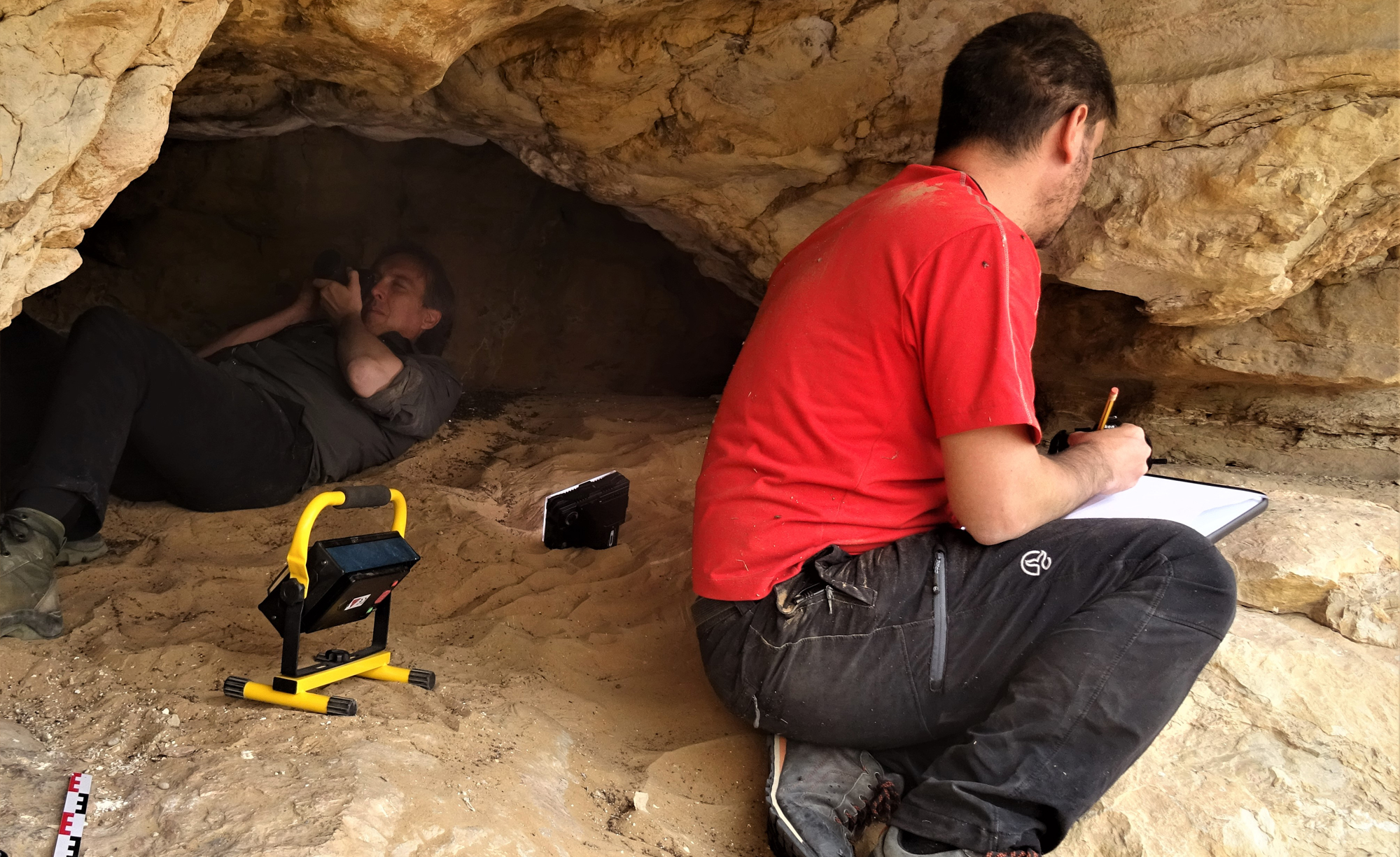 Colleagues Dr Aitor Ruiz-Redondo and Dr Juan F. Ruiz López recording rock art in one of the caves along the eastern flank
