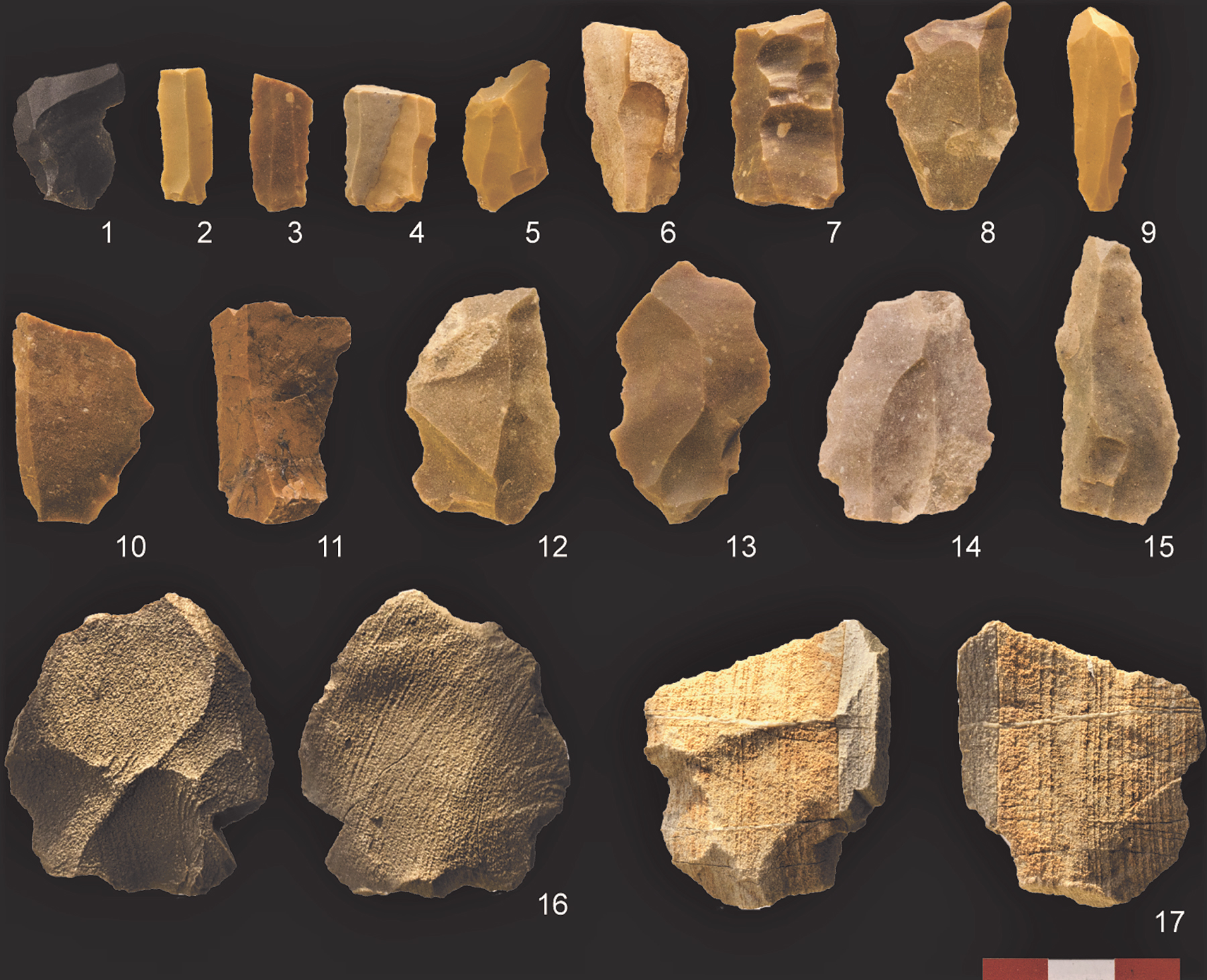 Lithics recovered from the eastern flank of the site (A-28). All stone artefacts show great diversity in raw materials using non-local flint and chert variants. The two larger pieces – 16 and 17 are of possible Palaeolithic age