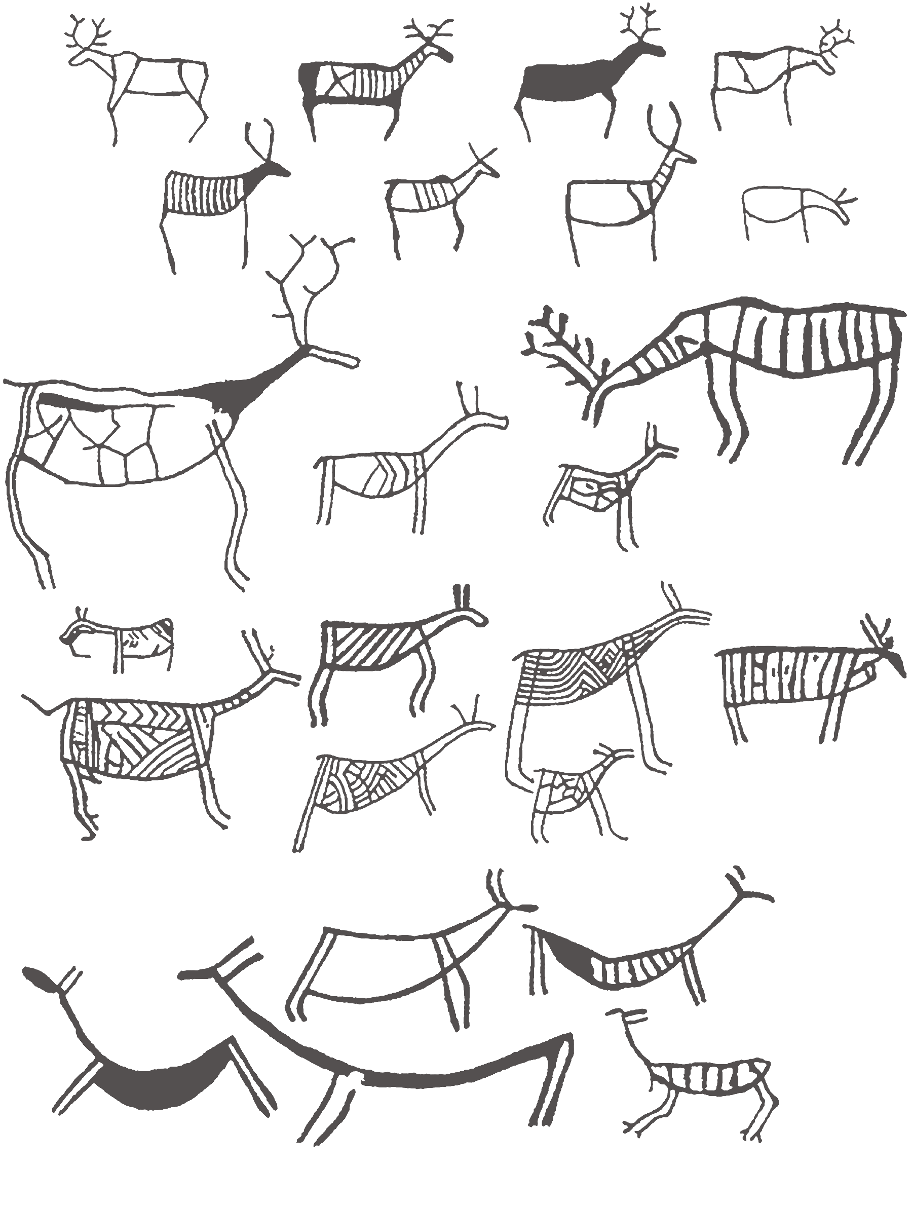 Attempts to understand the development of the animal figures in Vingen prepared by Egil Bakka. He argues for a change in style and expression through four phases where examples of the oldest type - the most naturalistic - are reproduced at the top and where the subsequent phases which gradually become more stylistic and schematic are presented below Vingen Rock Art Carvings Norway